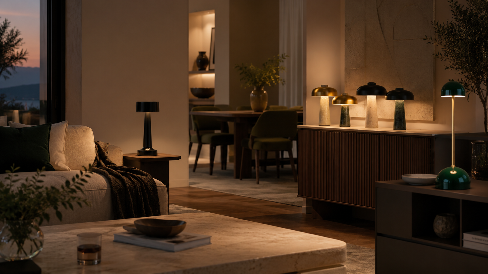 Modern living room with dim lighting, decorative lamps, and a view of a mountain landscape.