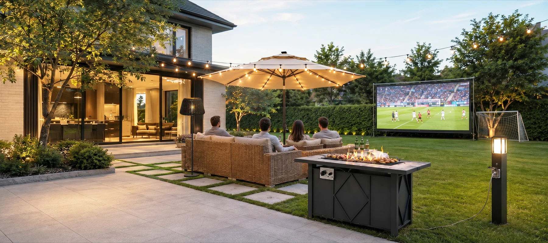 Outdoor living space with patio furniture, fire pit, and screen displaying sports event.